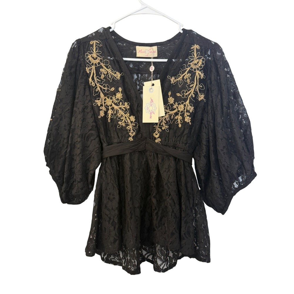Miss June Paris Black Lace Gold Embroidered Balloon Sleeve Top One Size NWT